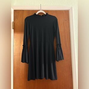 Topshop Black Ribbed Dress US 8 Bell Sleeve Mock Neck Mini
